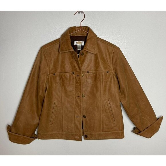 Vintage Talbots Womens Petites Long Sleeve Button Down Leather Jacket Brown Sz P - Picture 1 of 16